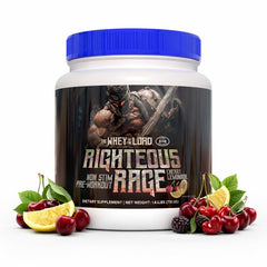 The Whey of The Lord Righteous Rage bottle pour showing stimulant-free hydration for focused workouts.
