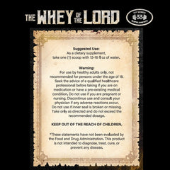 The Whey of The Lord Righteous Rage label closeup highlighting cherry lemonade flavor and caffeine-free formula.