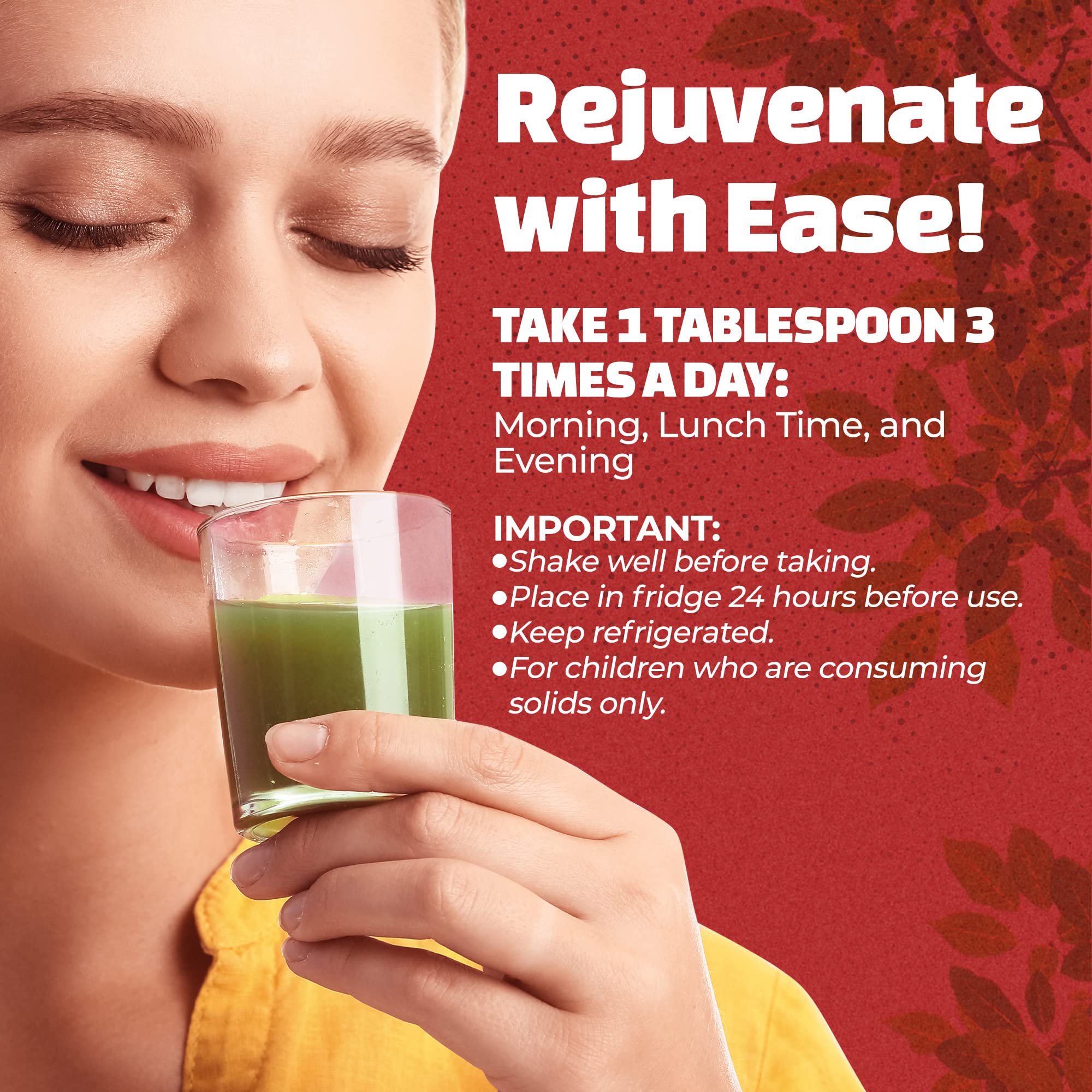 The World's Greatest Rejuvenation family-friendly liquid multivitamin on a breakfast table.