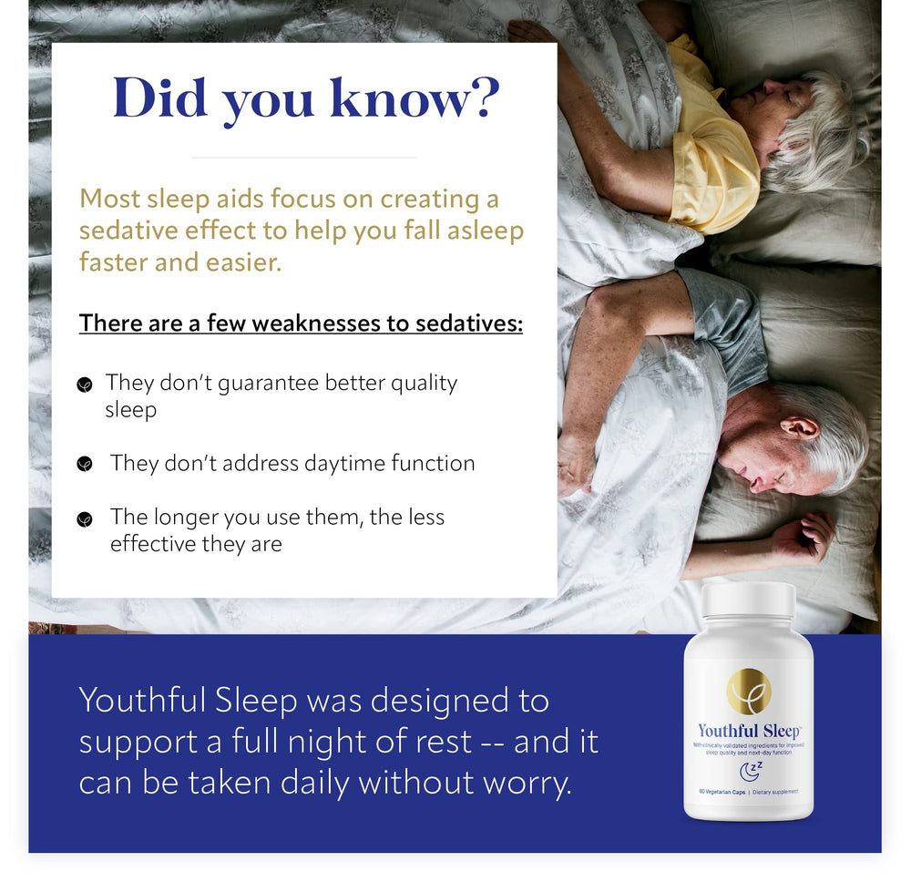 The Youthful Sleep bottle front view highlights melatonin-free sleep aid.