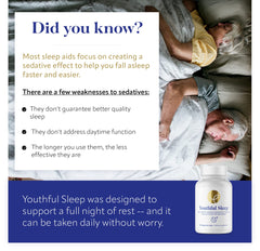 The Youthful Sleep bottle front view highlights melatonin-free sleep aid.