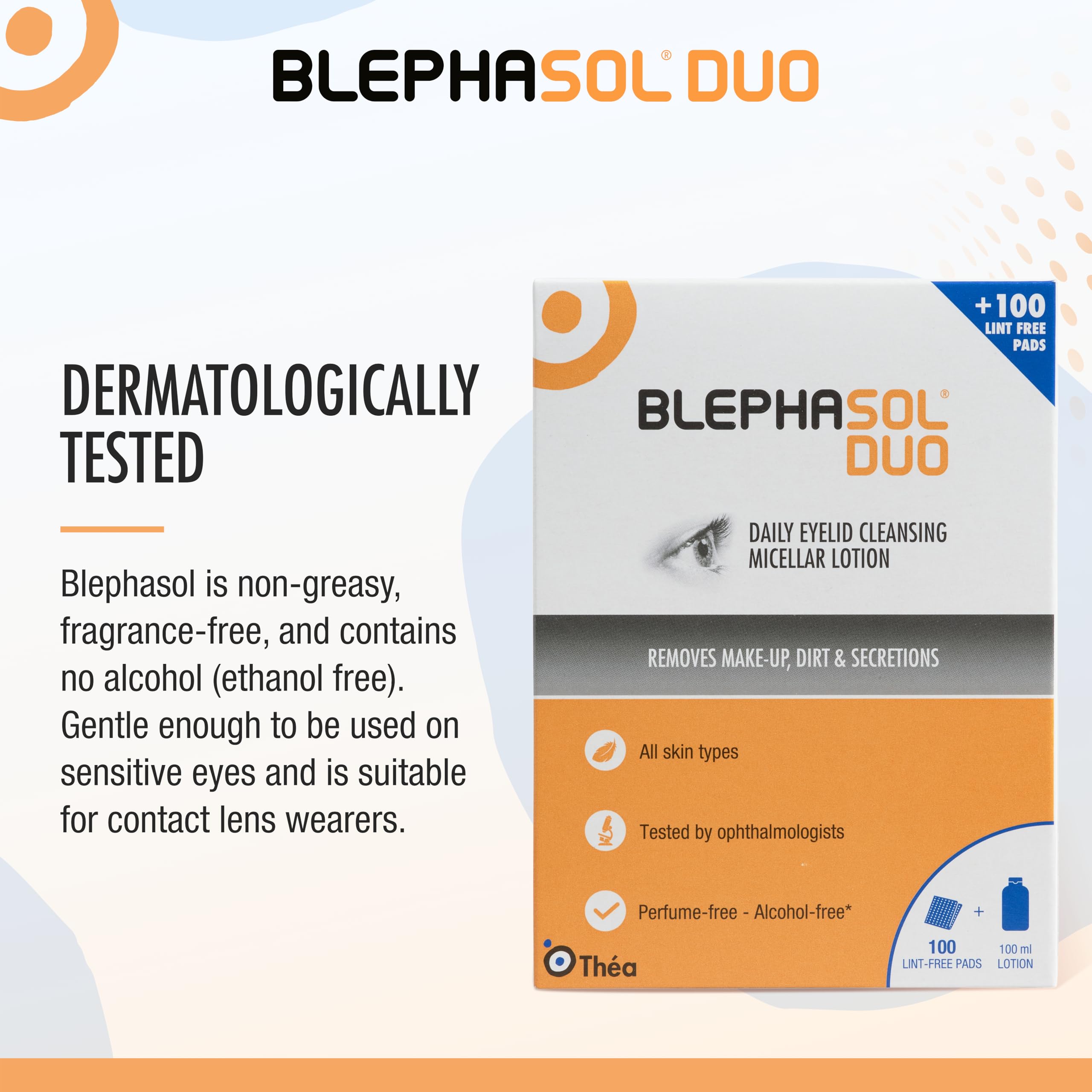 THEA PHARMA Blephasol Duo 100-pads-pack demonstrates ready-to-use pads.