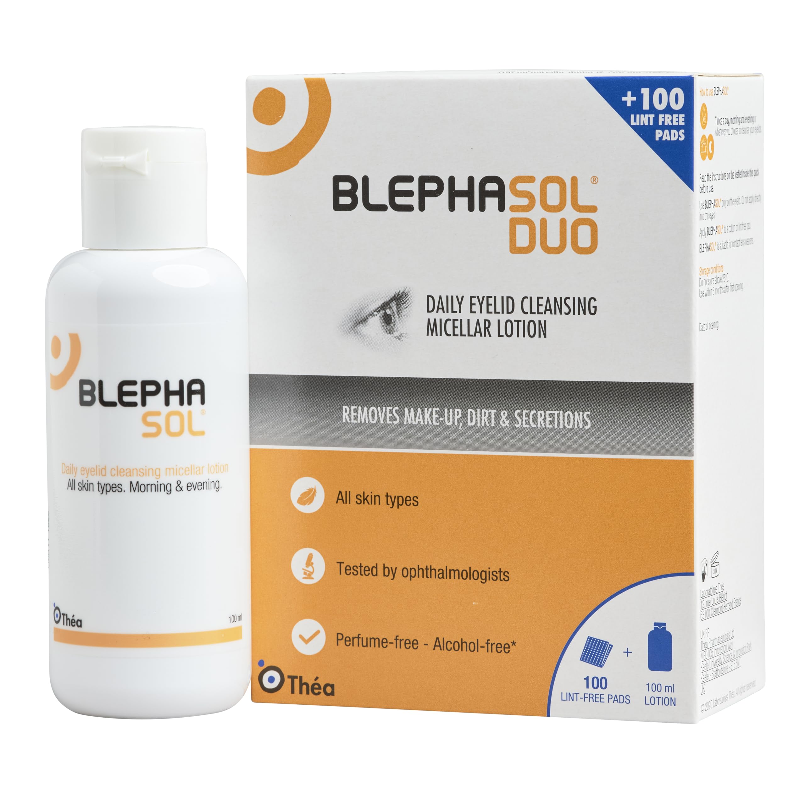 THEA PHARMA Blephasol Duo contact-lens-wearer shot highlights compatibility.