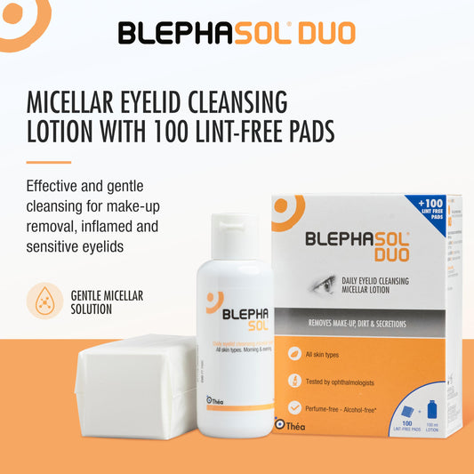 Blephasol Duo lotion-application-closeup shows gentle cleansing for sensitive eyes.
