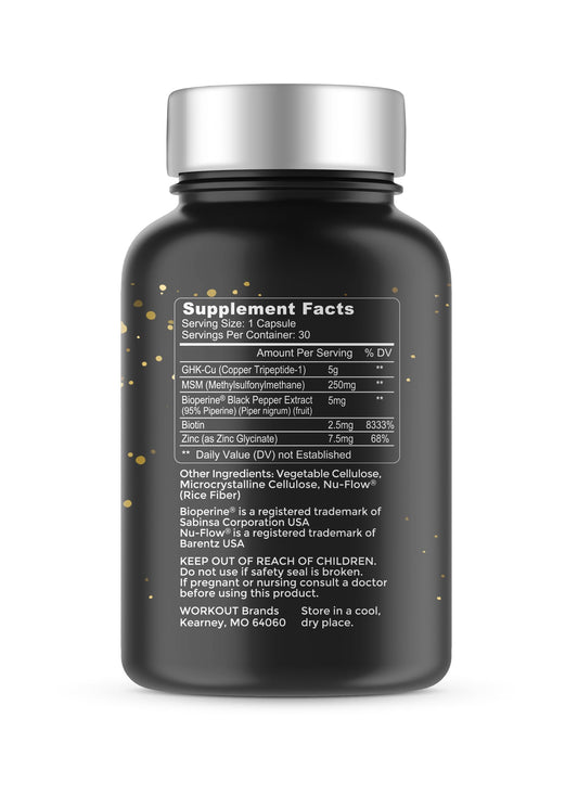 Close-up of TheaWell GHK-Cu capsules for skin and hair health.