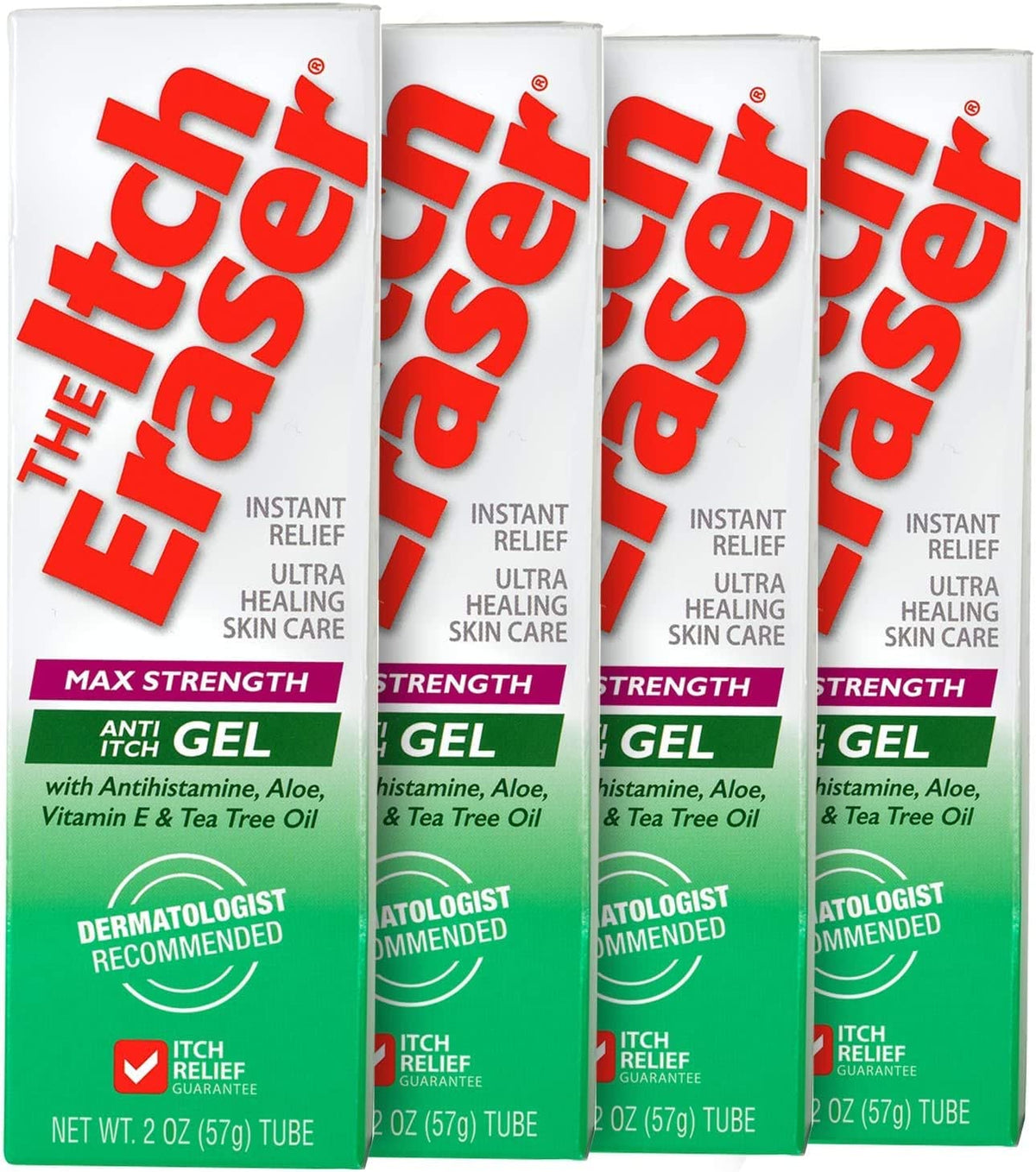 THEITCHERASER packaging box closeup emphasizes travel-friendly itch relief.
