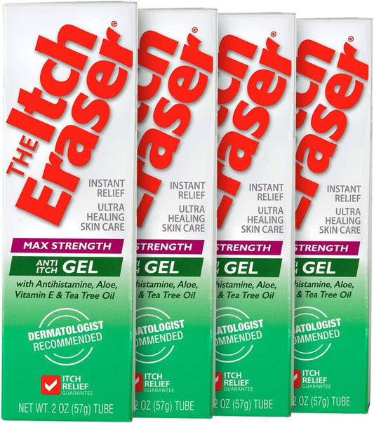 THEITCHERASER packaging box closeup emphasizes travel-friendly itch relief.