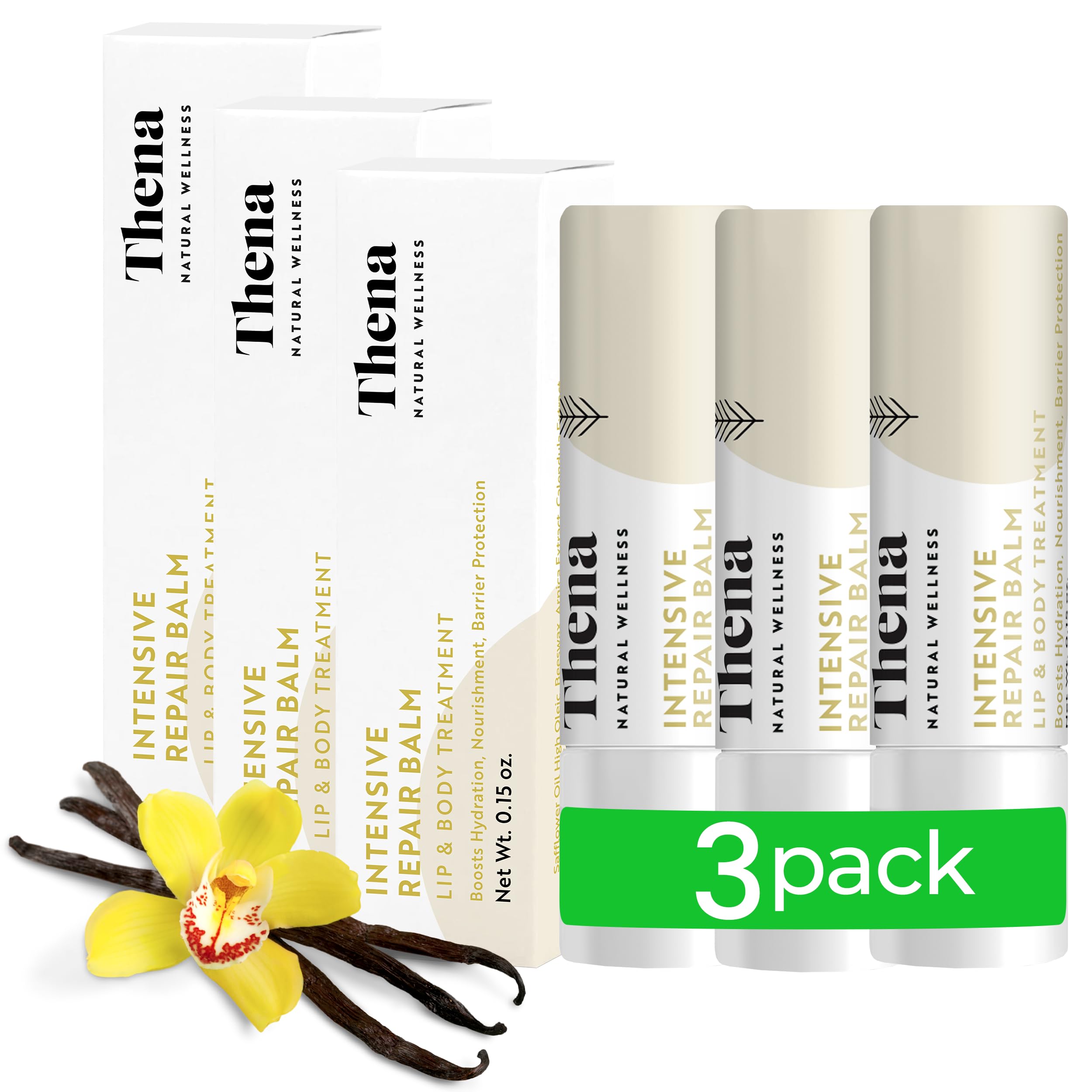 THENA Lip Balm tube close-up showing rich hydration for dry lips