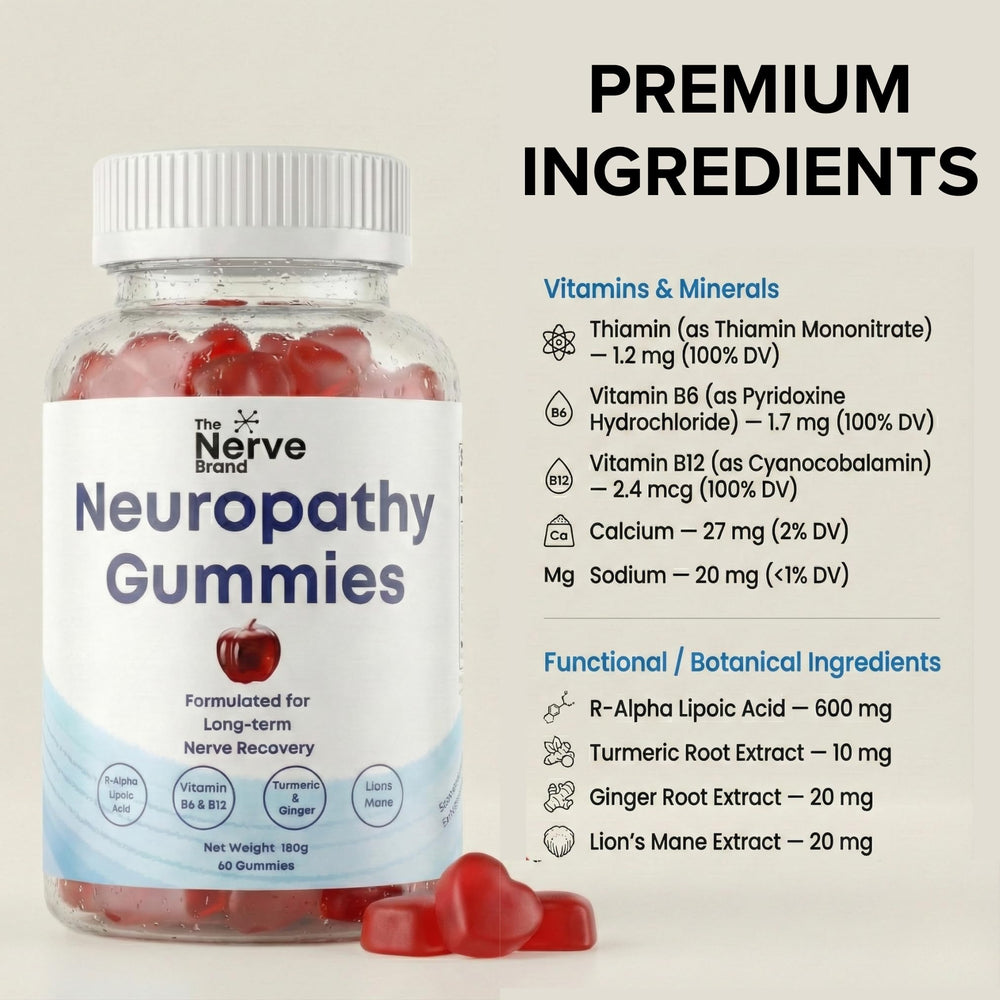 The Nerve Brand gummies close-up highlights texture and sugar-free appeal.