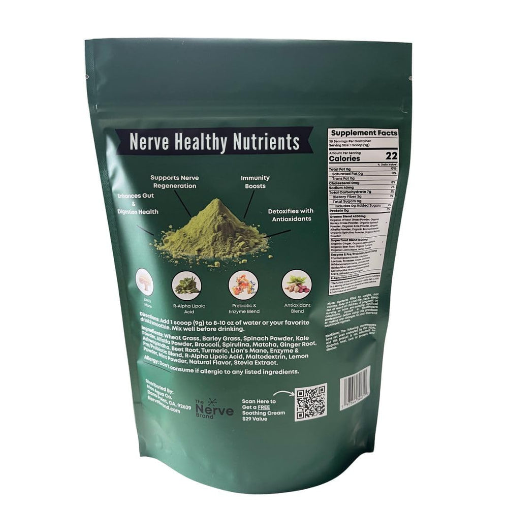 The Nerve Brand Neuropathy Superfood Blend chocolate powder stirred in a glass for a nutrient boost.