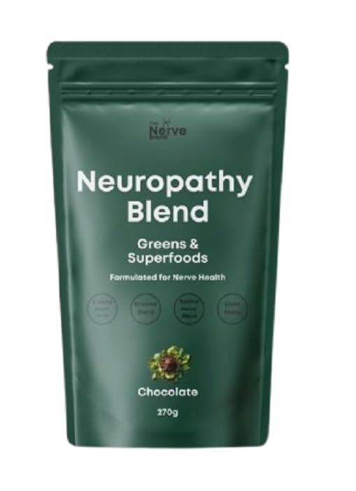 The Nerve Brand Neuropathy Superfood Blend chocolate powder in a jar for daily nerve support.