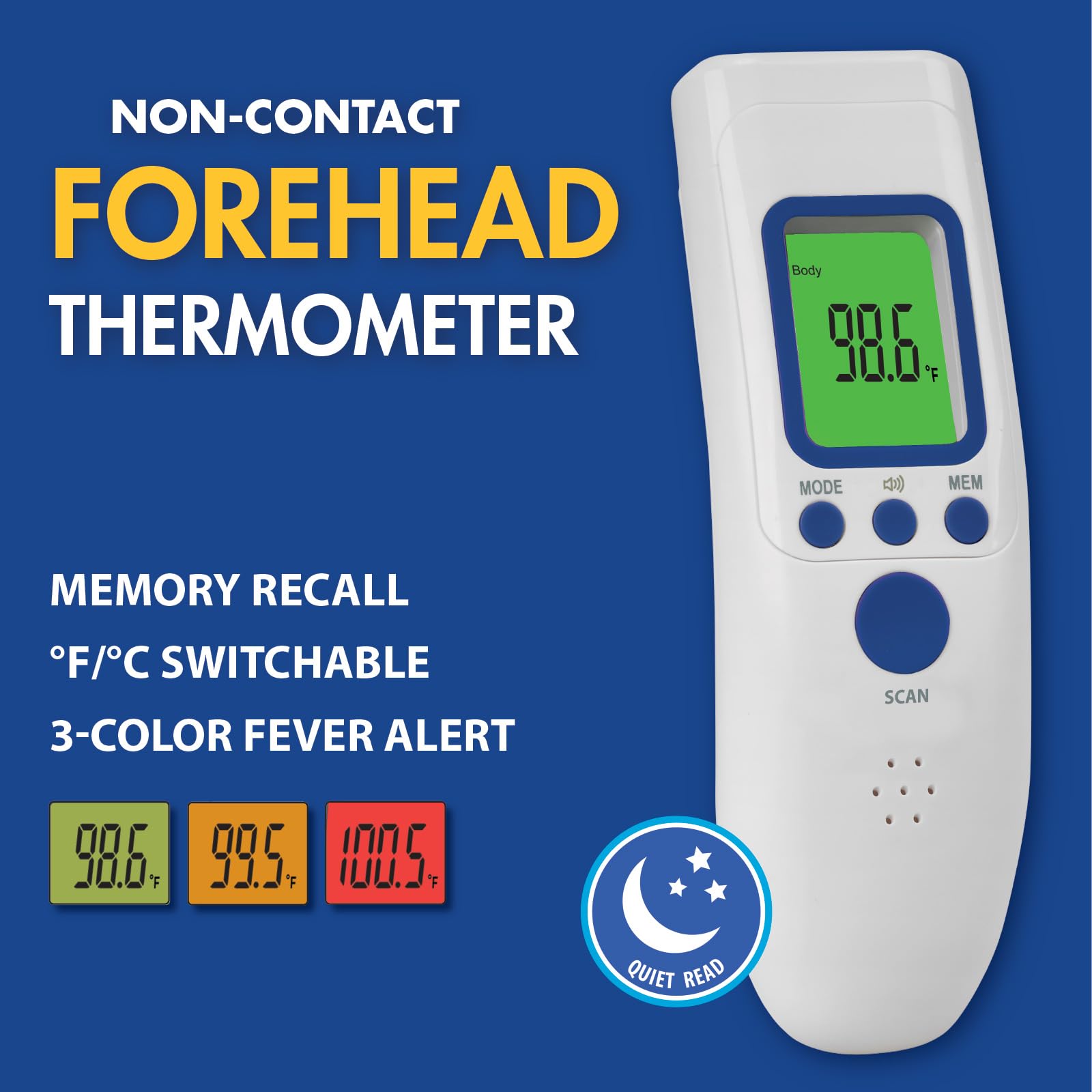 Thera Care forehead thermometer shows color fever alert for easy monitoring.