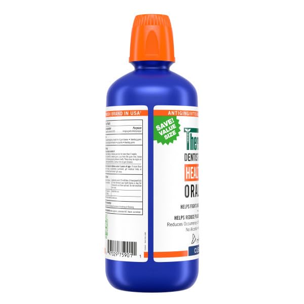 TheraBreath mouthwash gargle action shows 60-second rinse for fresh breath