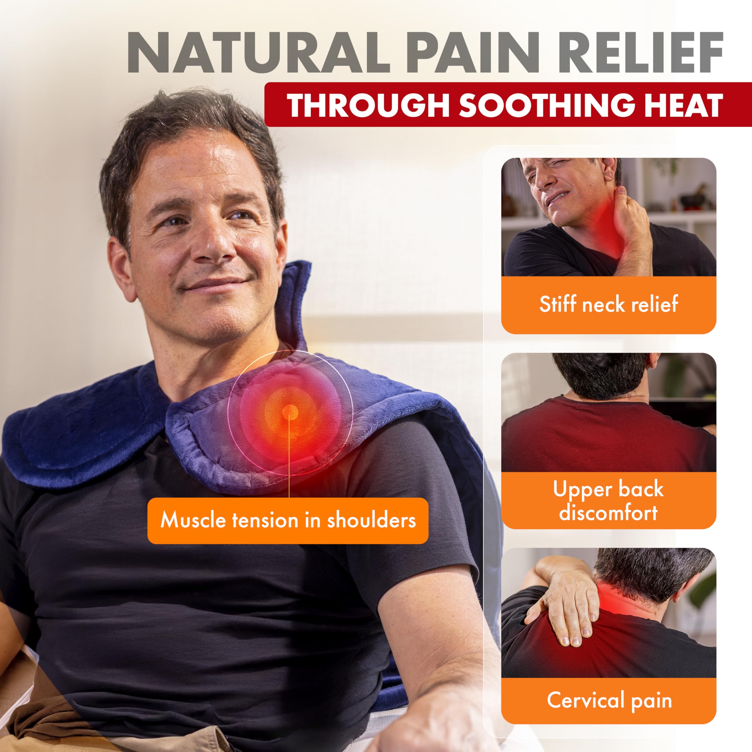 Thera Care heating pad shows 25x26 inch size for broad neck and shoulder coverage.