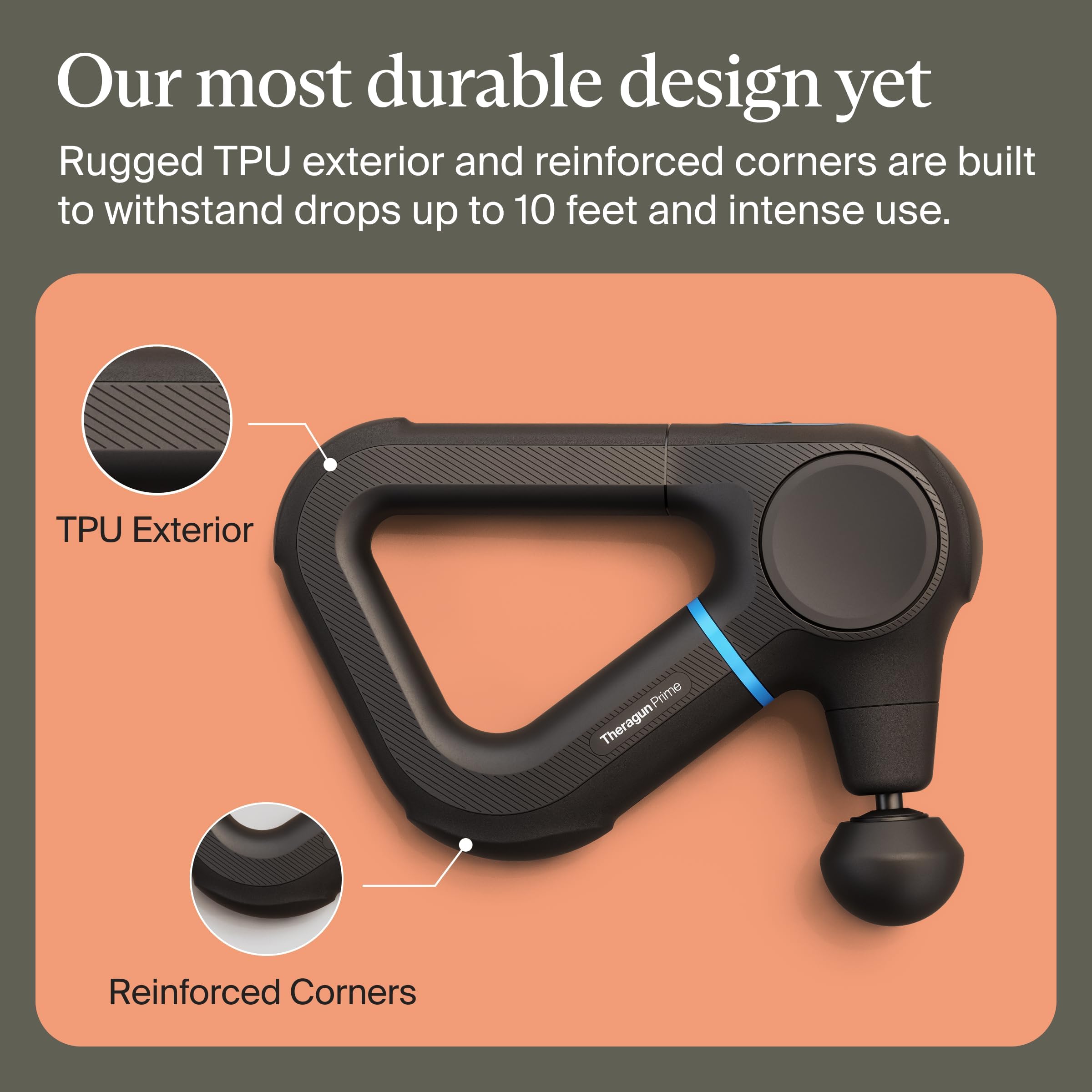Theragun Prime triangle grip offers a secure, comfortable hold during massages.