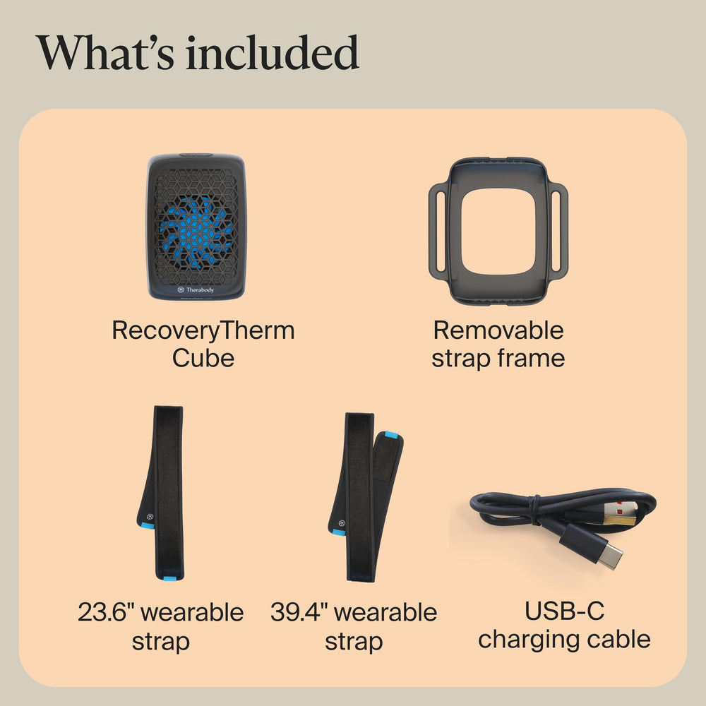 TheraGun RecoveryTherm Cube compact device in a travel case