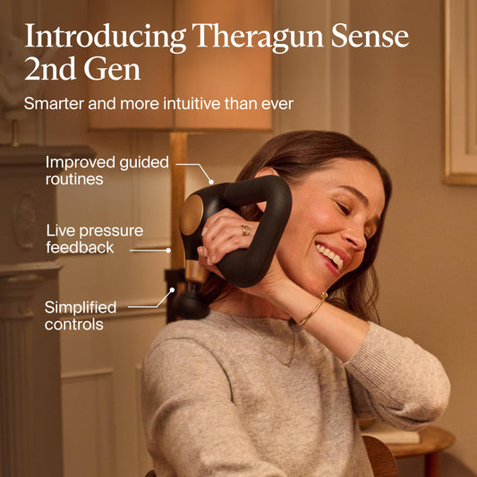 Theragun Sense 2nd Gen LED screen shows real-time pressure feedback.