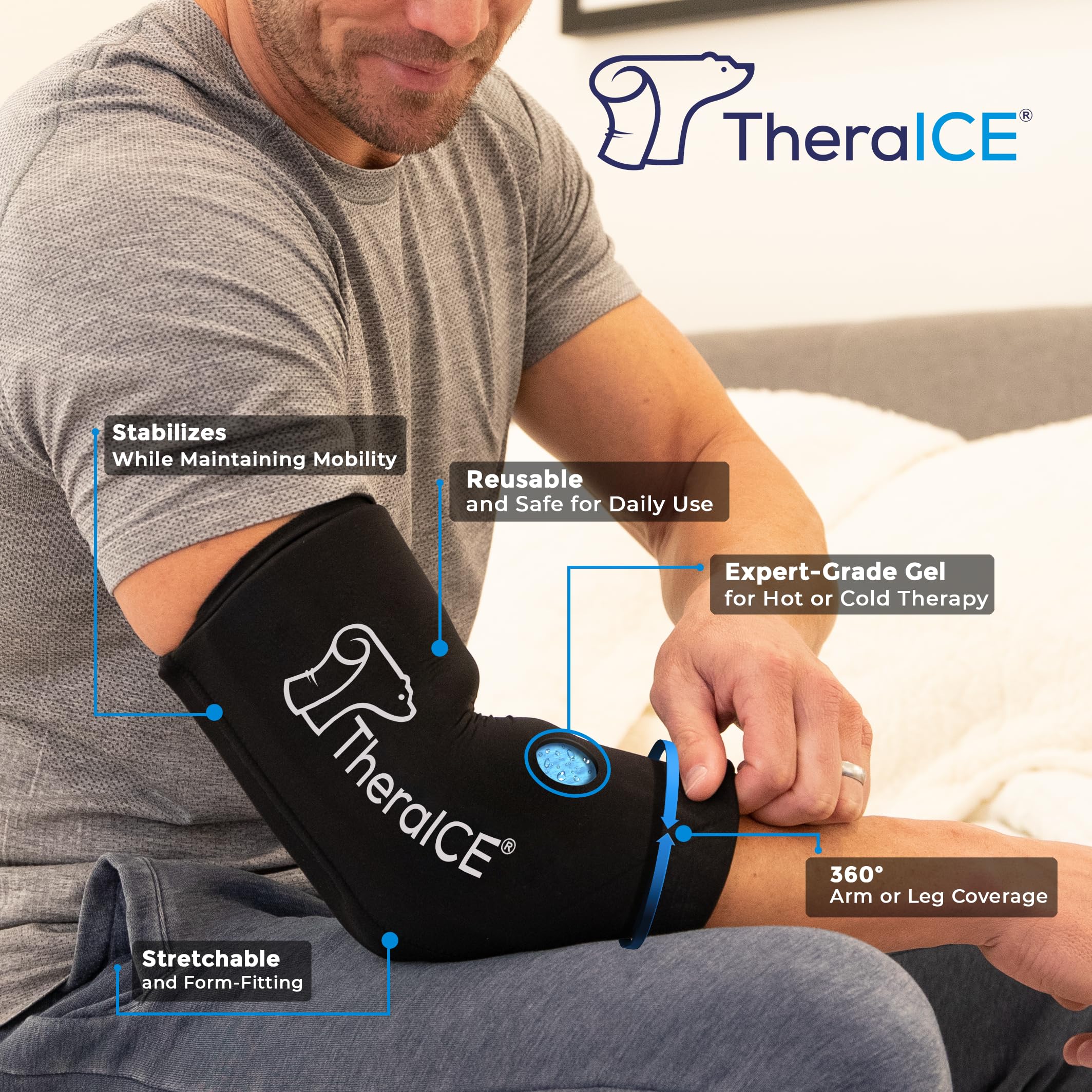 TheraICE elbow compression sleeve with gel pack provides cold therapy for elbow pain