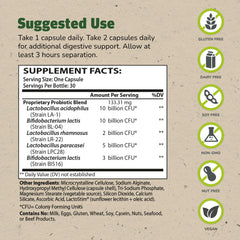Theralac capsules closeup highlights 30B CFU for intestinal coverage.