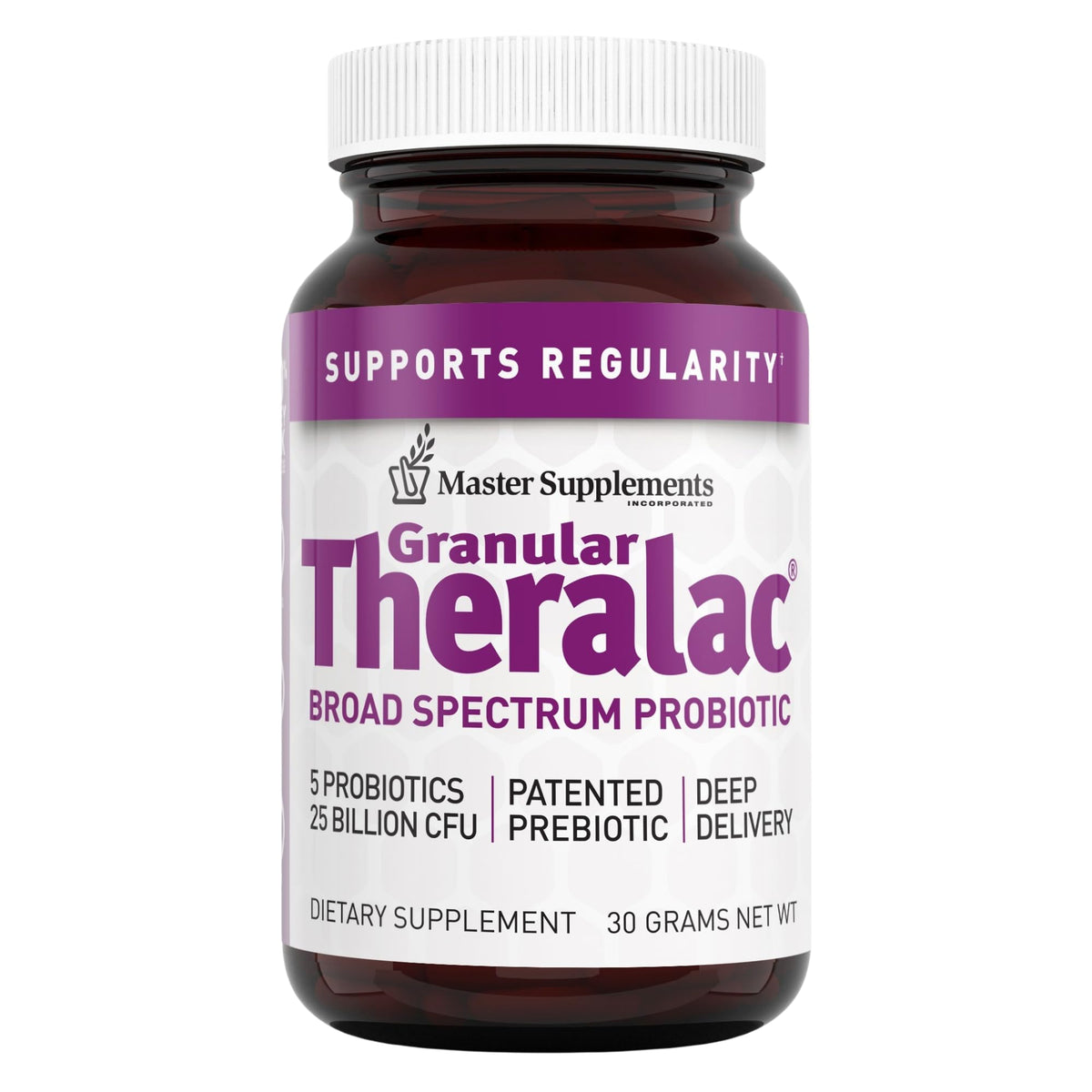 THERALAC Master Granular bottle pour shows easy daily probiotic use for gut balance.