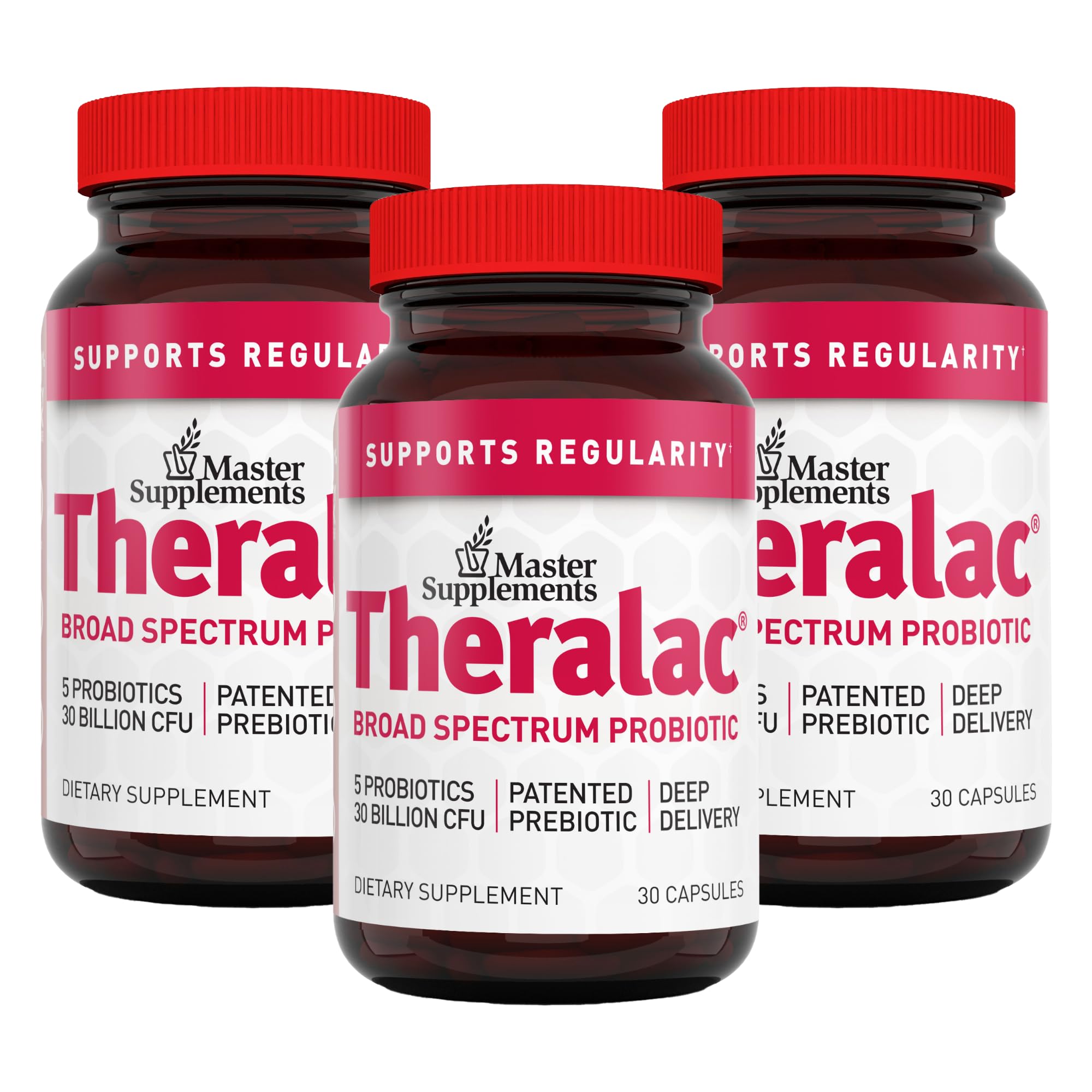 Theralac multi-strain probiotic bottle promoting daily gut balance.