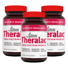 Theralac multi-strain probiotic bottle promoting daily gut balance.