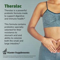 Theralac-packaged bottles emphasize shelf-stable probiotic storage and freshness.