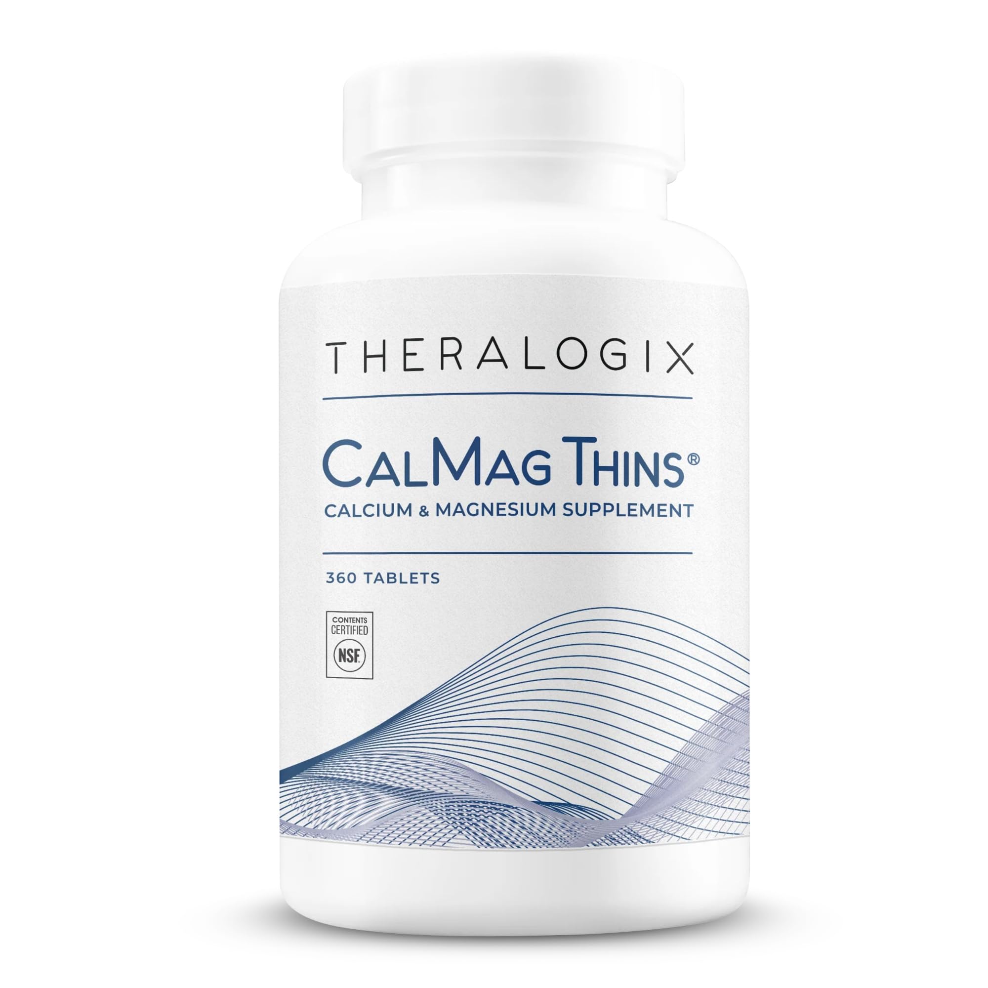 Theralogix CalMag Thins bottle shows slender tablets for easy swallowing