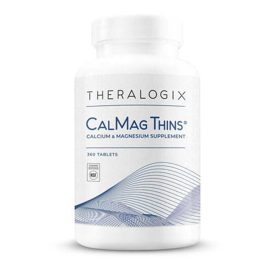Theralogix CalMag Thins bottle shows slender tablets for easy swallowing