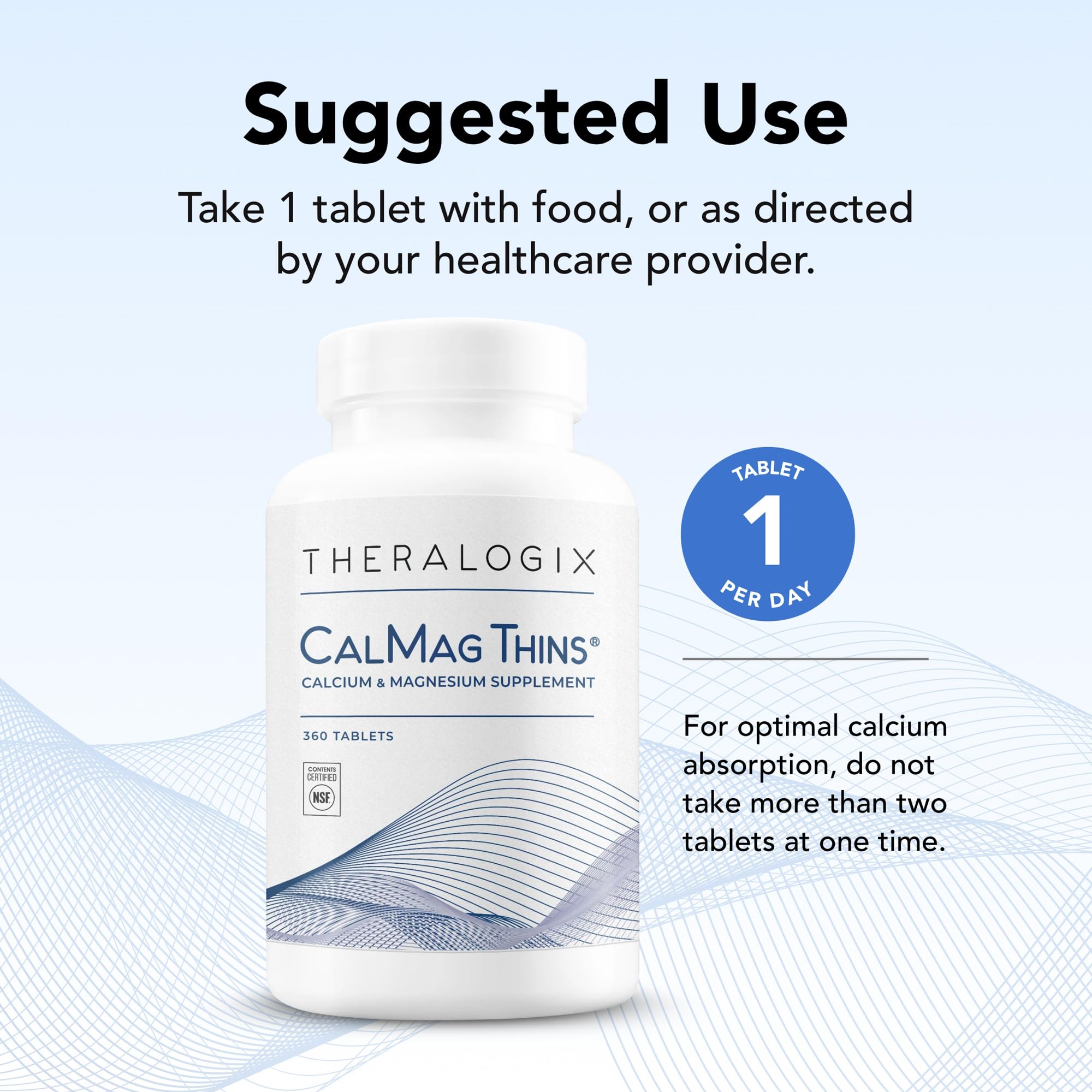 Theralogix CalMag Thins packaging displays NSF seal, gluten-free, vegan