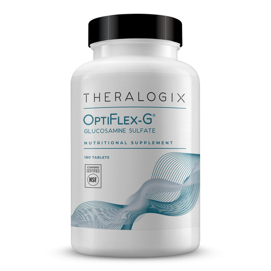 Theralogix OptiFlex-G bottle and label highlighting glucosamine sulfate for joint support.