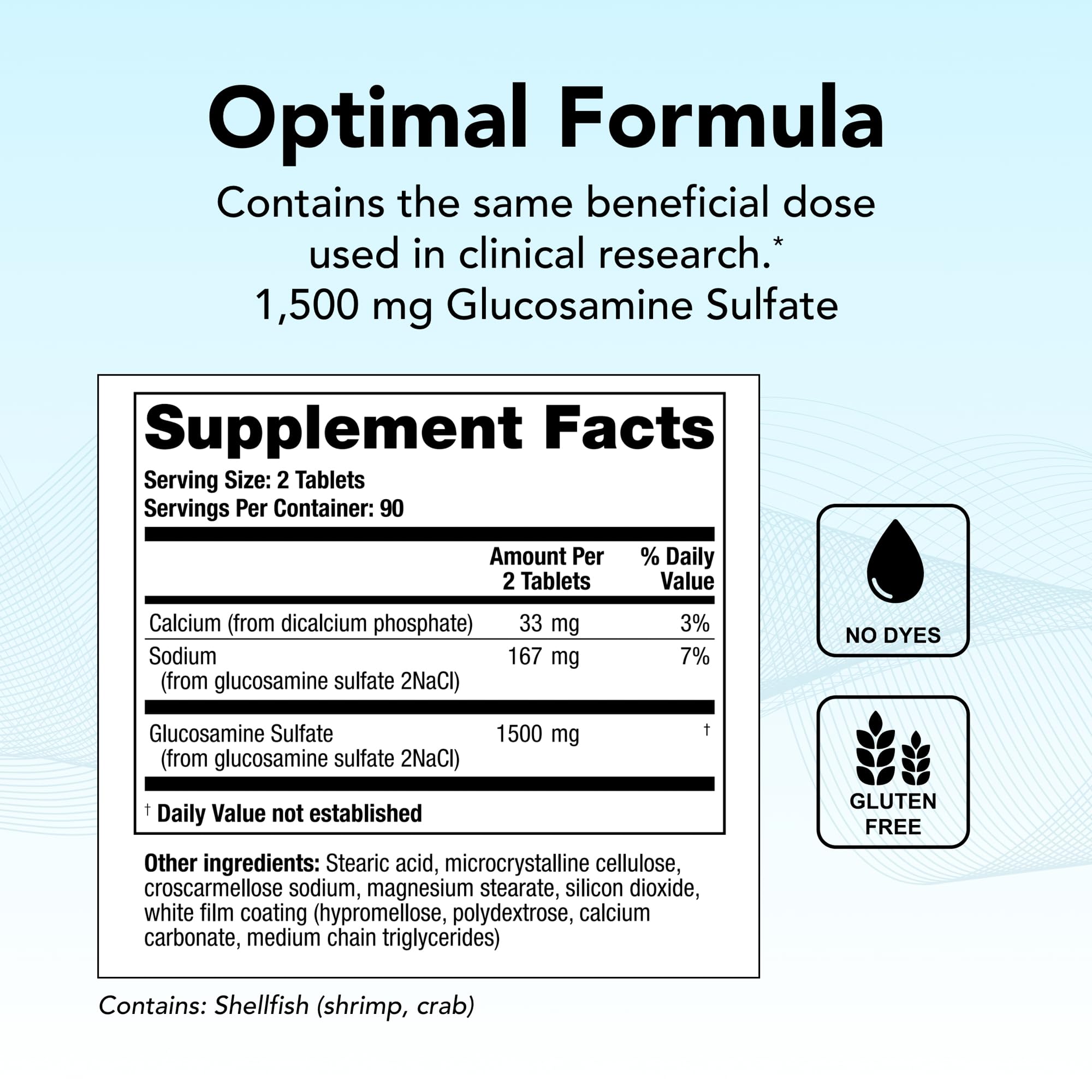Close-up of OptiFlex-G tablets showing 1,500 mg glucosamine sulfate per serving.