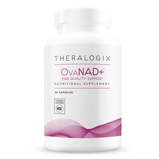 Theralogix OvaNAD+ bottle front view with NR and pterostilbene for ovarian health support