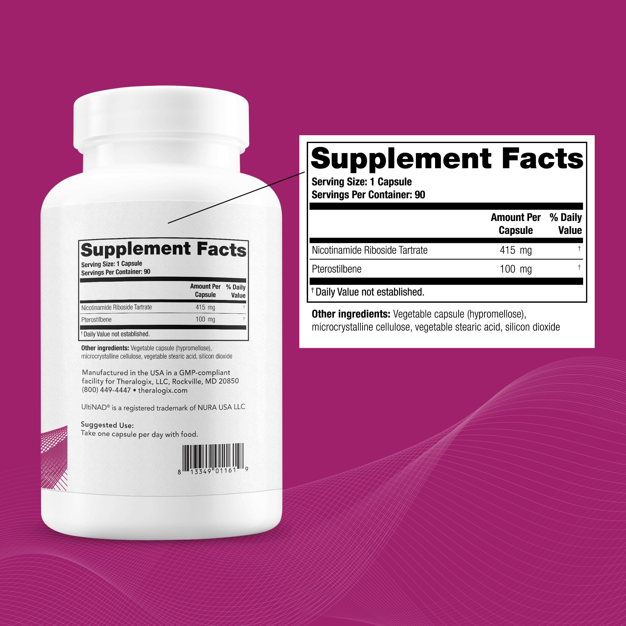 Theralogix OvaNAD+ bottle label signals purity and USA GMP-compliant production