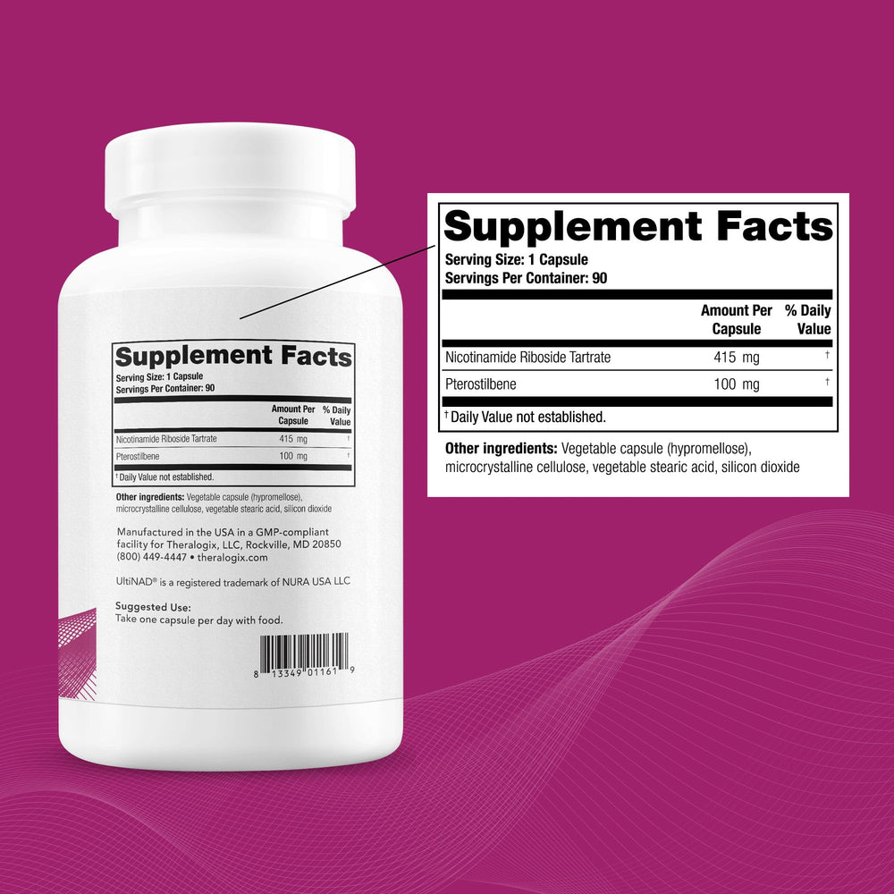 Theralogix OvaNAD+ bottle label signals purity and USA GMP-compliant production