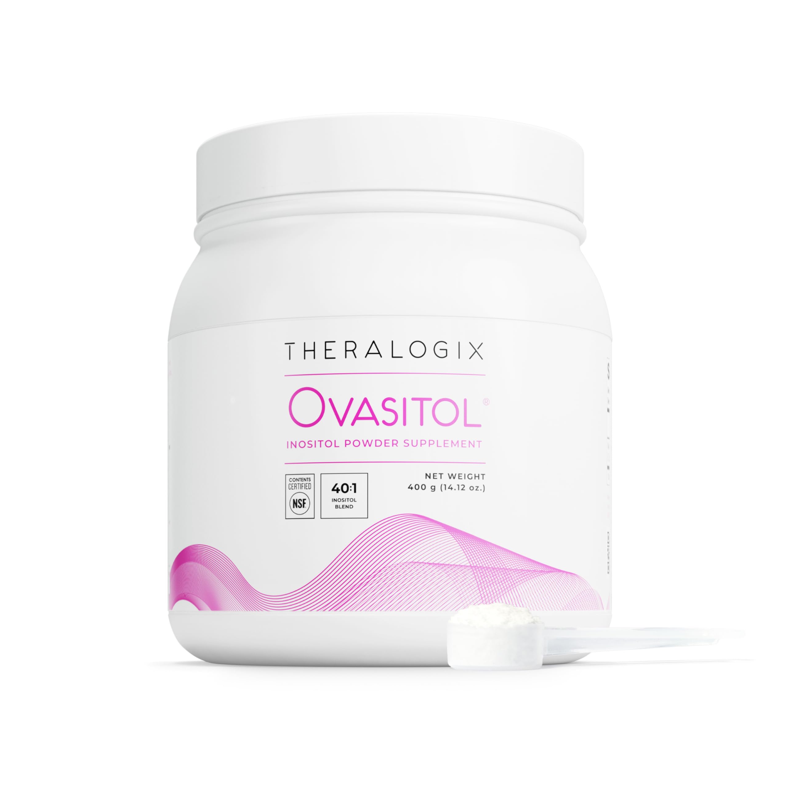 Theralogix Ovasitol bottle pour shows convenient unflavored powder for daily use and easy dosing.