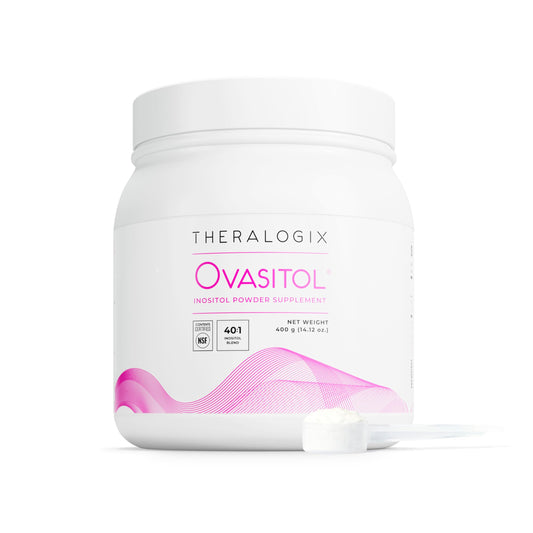 Theralogix Ovasitol bottle pour shows convenient unflavored powder for daily use and easy dosing.