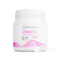 Theralogix Ovasitol bottle pour shows convenient unflavored powder for daily use and easy dosing.