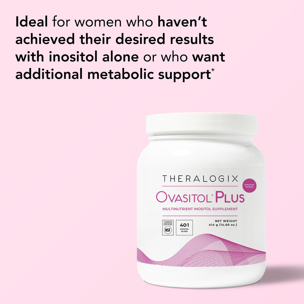 Theralogix Ovasitol Plus bottle with vitamin D symbol indicates micronutrient blend.