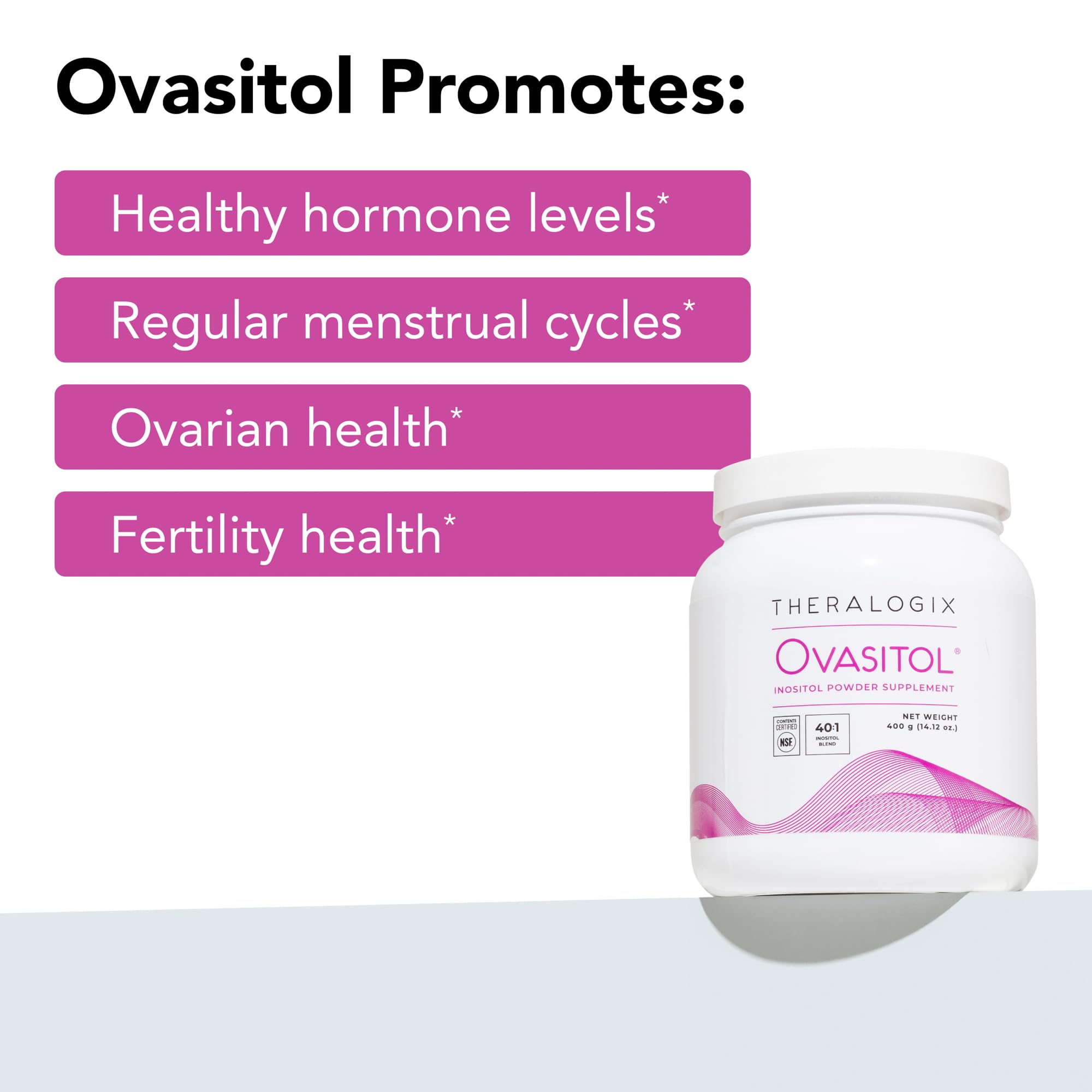 Theralogix Ovasitol powder closeup emphasizes pure powder and seamless mixing into beverages.