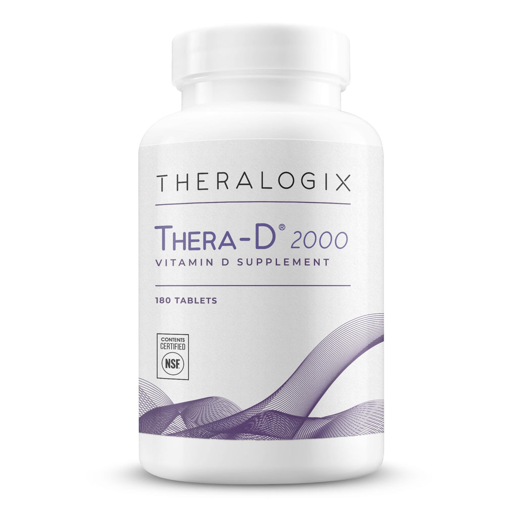 Theralogix Thera-D 2000 bottle with Vitamin D3 tablets for immune support.