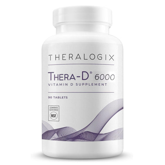 Theralogix Thera-D 6000 bottle front with 90 tablets, showcasing daily vitamin D3 supply