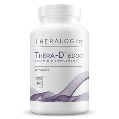 Theralogix Thera-D 6000 bottle front with 90 tablets, showcasing daily vitamin D3 supply