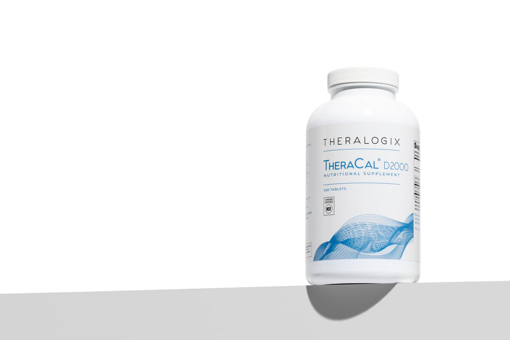 Theralogix TheraCal D2000 on shelf highlighting vegan and gluten-free formulation.