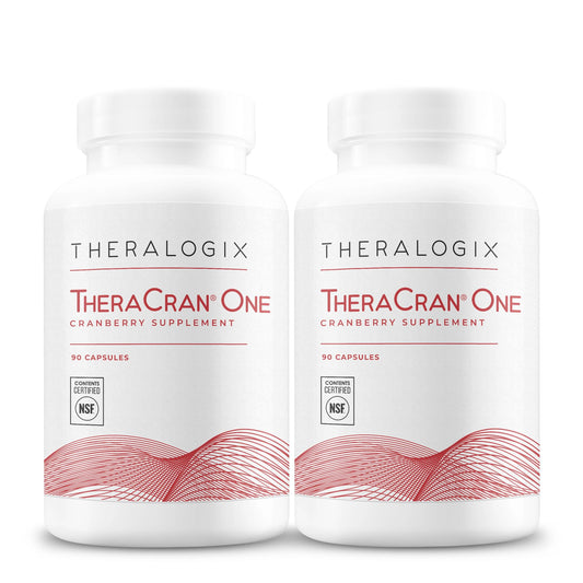 Theralogix TheraCran One cranberry capsules bottle supports urinary tract health with premium ingredients.
