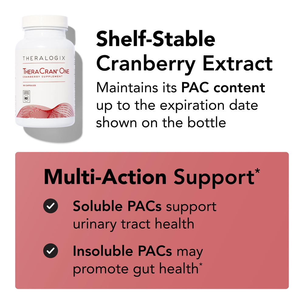 Theralogix TheraCran One cranberry capsules glass bottle showcases natural color and design.