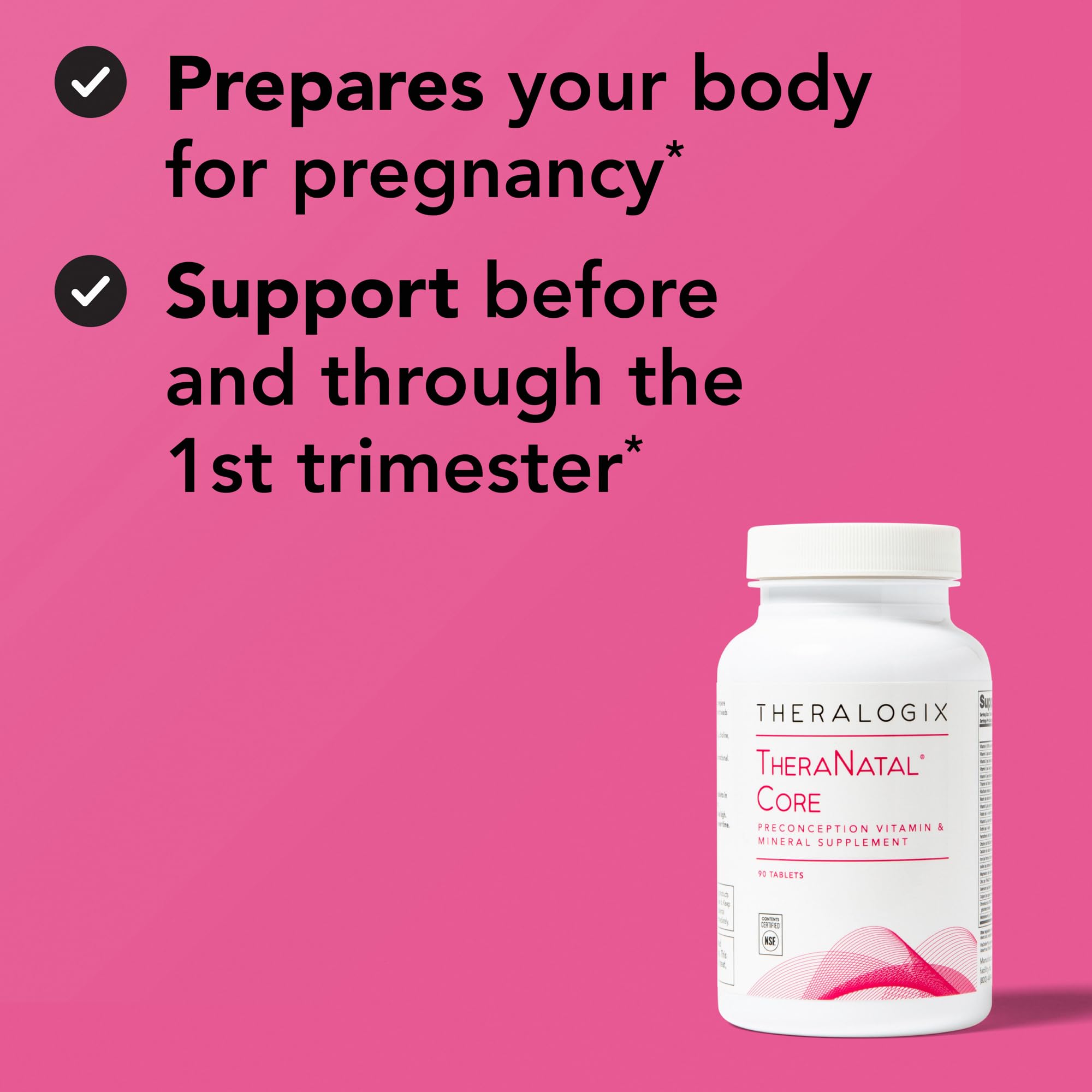 TheraNatal Core dietary supplements with gluten-free and dairy-free formulation on shelf