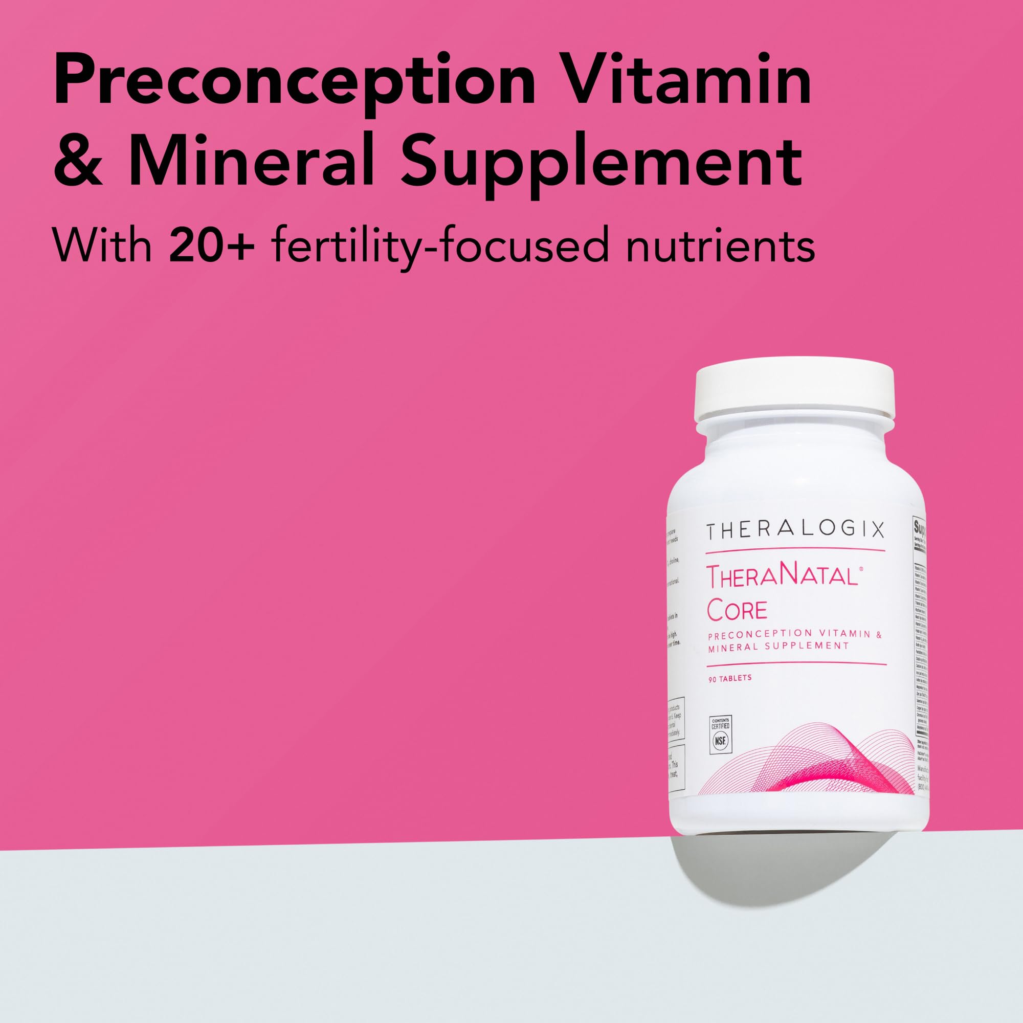 Close-up of TheraNatal Core tablets highlighting prenatal-ready multivitamin formulation