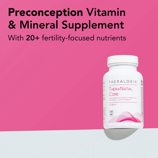 Close-up of TheraNatal Core tablets highlighting prenatal-ready multivitamin formulation