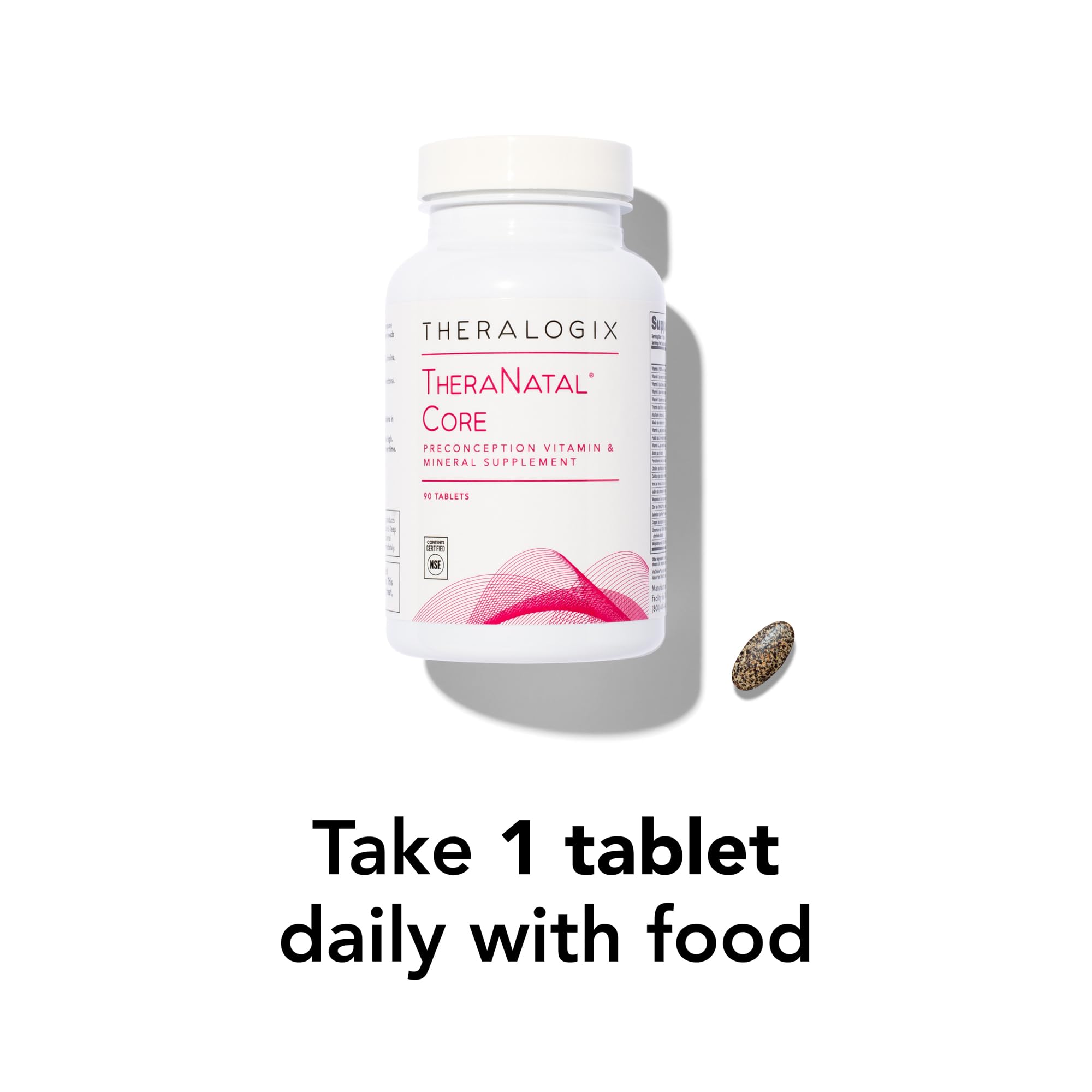 TheraNatal Core bottle beside water for daily prenatal health routine